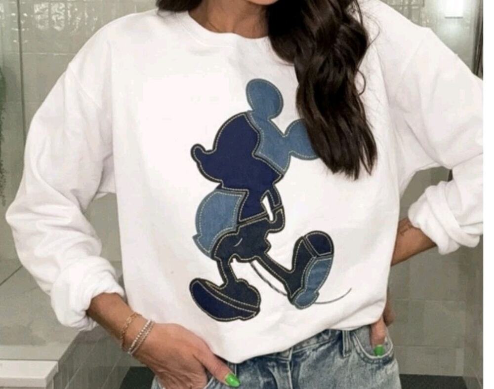 Disney Mickey Mouse Denim Patchwork Applique Sweatshirt White 2X Y2K #1074